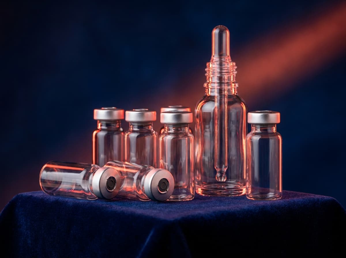 Small glass peptide vials with a dropper bottle in warm light