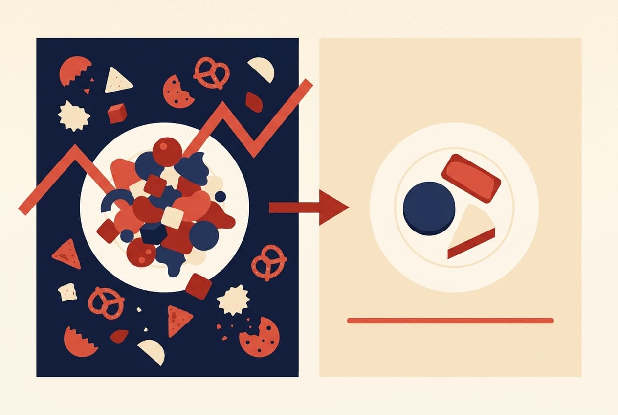 Illustration of a chaotic overflowing plate becoming a calm balanced plate with a steady line